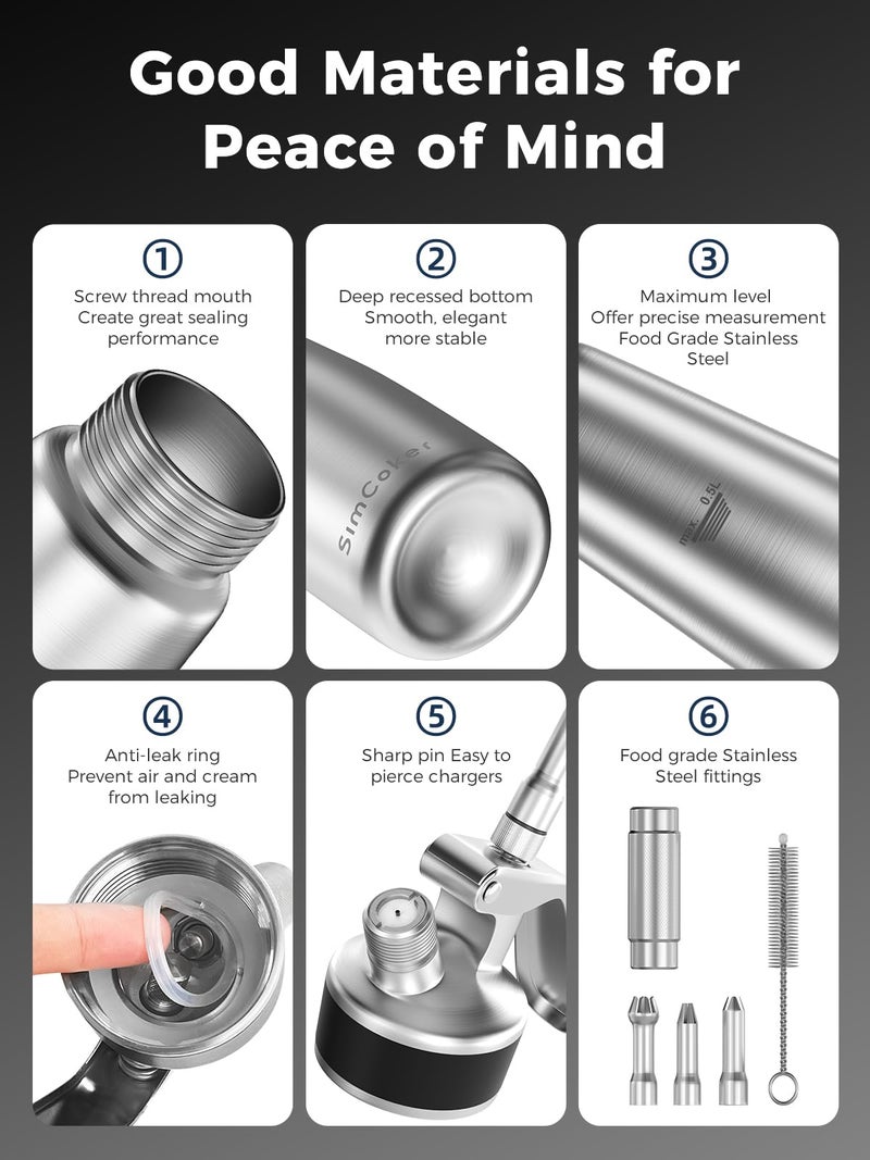 SimCoker Professional Stainless Steel Whipped Cream Dispenser â€“ 500 mL / 1 Pint, Includes 3 Decorating Nozzles, Cleaning Brush & Storage Bag â€“ Ideal for Desserts, Coffee & Pastries (Nâ‚‚O Chargers Not Included) - Image 2