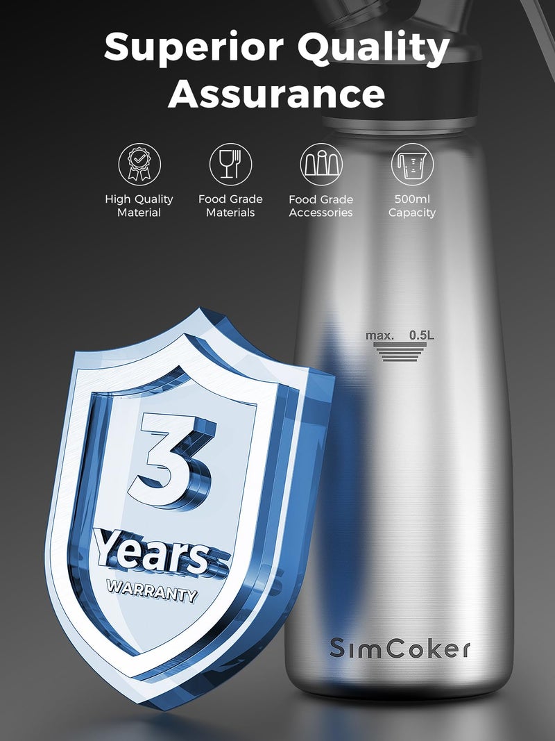 SimCoker Professional Stainless Steel Whipped Cream Dispenser â€“ 500 mL / 1 Pint, Includes 3 Decorating Nozzles, Cleaning Brush & Storage Bag â€“ Ideal for Desserts, Coffee & Pastries (Nâ‚‚O Chargers Not Included) - Image 3