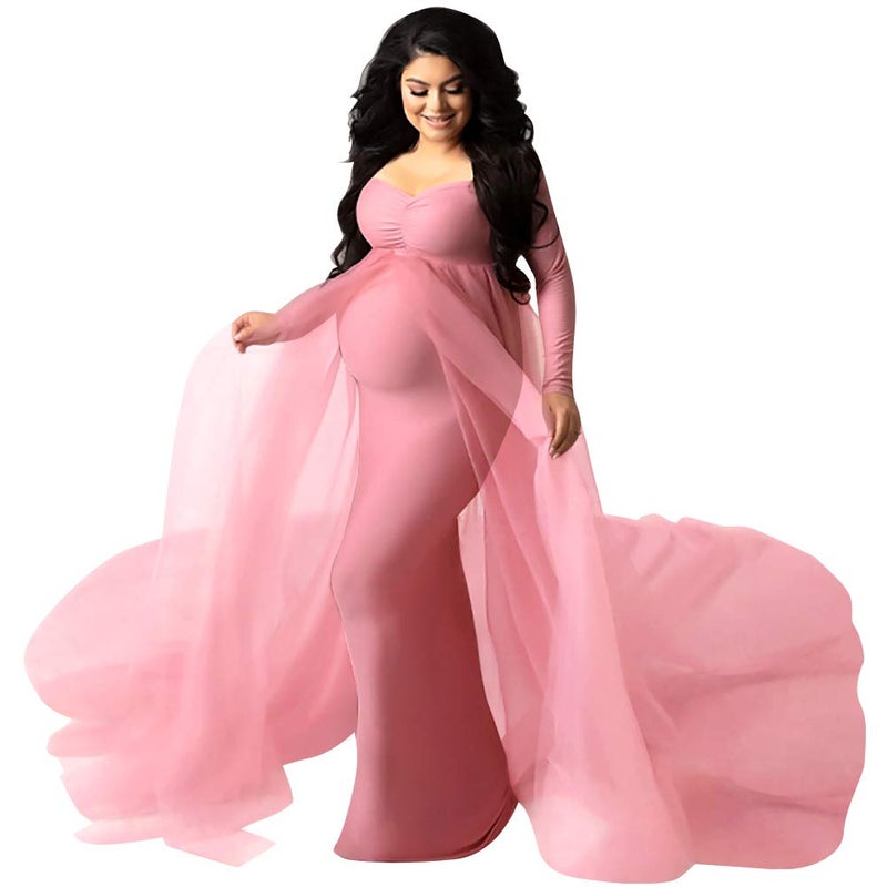 IDOPIP Women's Long Sleeve Off Shoulder Maternity Dress Ruched V-Neck Tulle Maxi Photography Dresses for Baby Shower Photo Shoot Elegant Fitted Mermaid Pregnancy Gown for Evening Wedding Party Pink X-Large  - Image 1