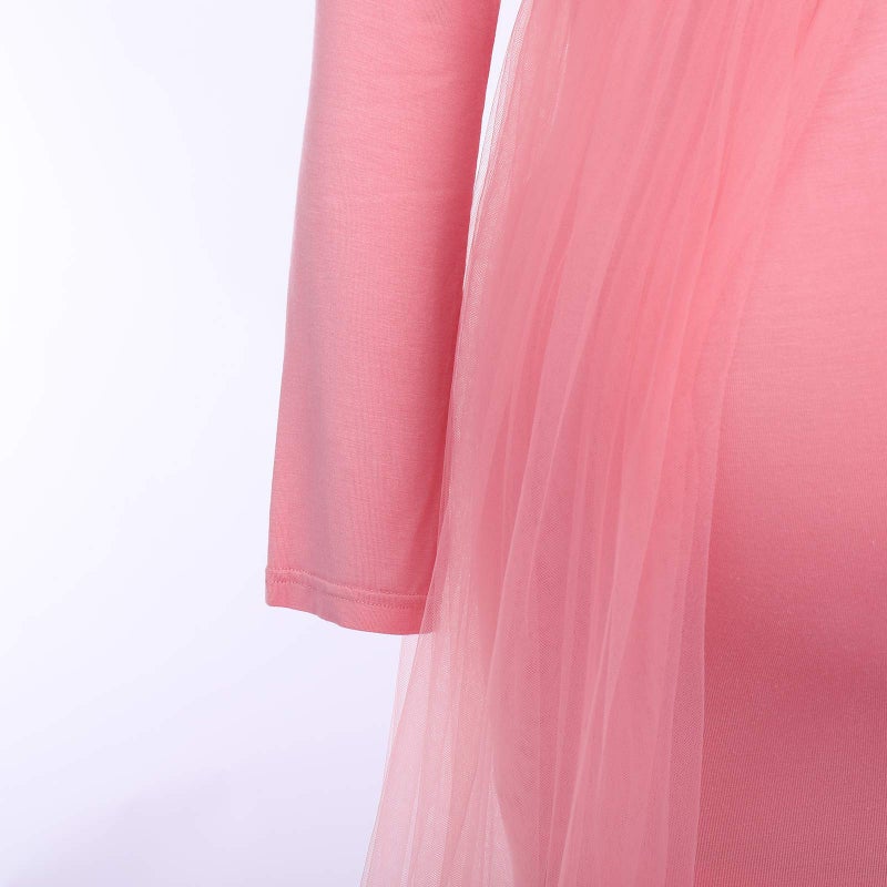 IDOPIP Women's Long Sleeve Off Shoulder Maternity Dress Ruched V-Neck Tulle Maxi Photography Dresses for Baby Shower Photo Shoot Elegant Fitted Mermaid Pregnancy Gown for Evening Wedding Party Pink X-Large  - Image 5
