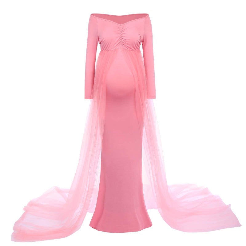 IDOPIP Women's Long Sleeve Off Shoulder Maternity Dress Ruched V-Neck Tulle Maxi Photography Dresses for Baby Shower Photo Shoot Elegant Fitted Mermaid Pregnancy Gown for Evening Wedding Party Pink X-Large  - Image 2