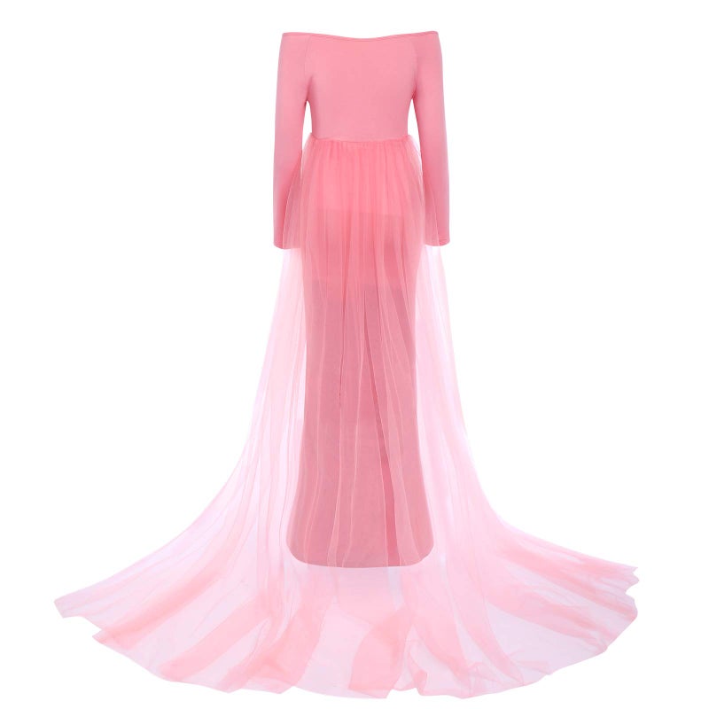 IDOPIP Women's Long Sleeve Off Shoulder Maternity Dress Ruched V-Neck Tulle Maxi Photography Dresses for Baby Shower Photo Shoot Elegant Fitted Mermaid Pregnancy Gown for Evening Wedding Party Pink X-Large  - Image 3