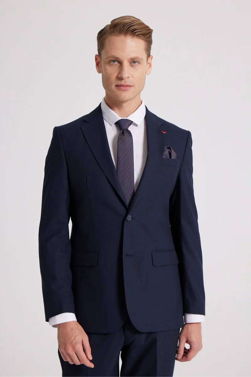 D'S DAMAT Slim Fit Navy Blue Plain Mono Collar Double Slit Lined Suit 4HF05ORT01577