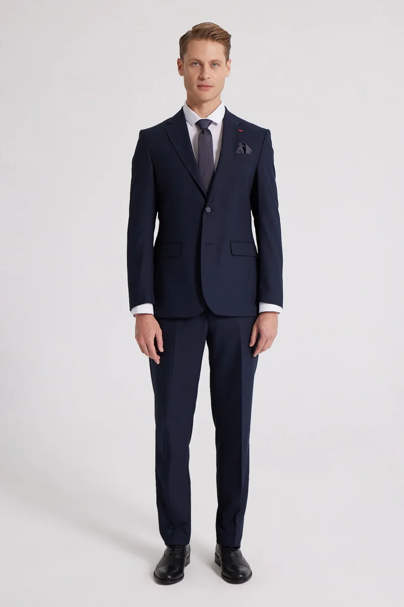 D'S DAMAT Slim Fit Navy Blue Plain Mono Collar Double Slit Lined Suit 4HF05ORT01577