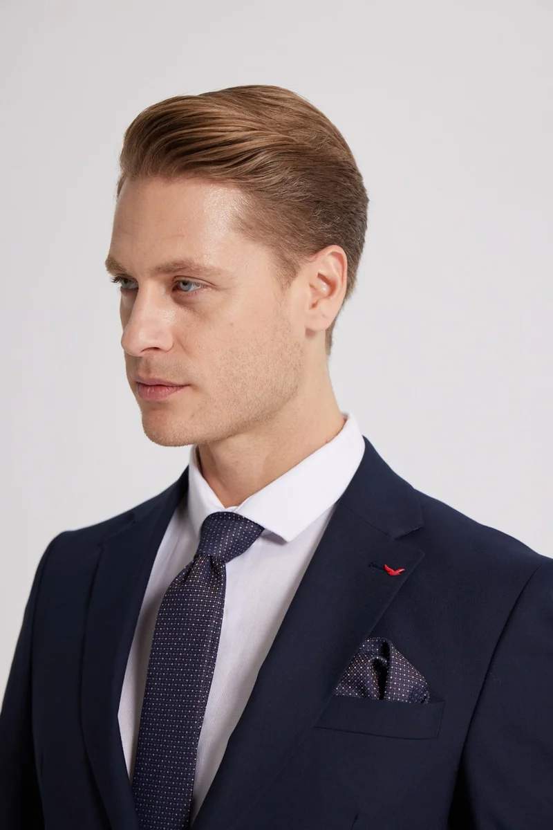 D'S DAMAT Slim Fit Navy Blue Plain Mono Collar Double Slit Lined Suit 4HF05ORT01577