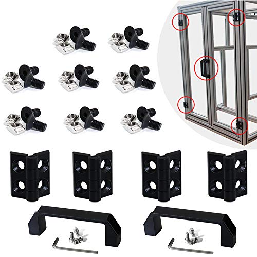 Boeray 2 Sets 2020 Aluminum Extrusion Profile Slot 6mm Door Handle and Frame Hinges Install Kit-4pcs Black Zinc Alloy Hinges, 2pcs Aluminum Handles, 20pcs T-Nuts, 20pcs Hex Screws, 2pcs Wrench - Image 1