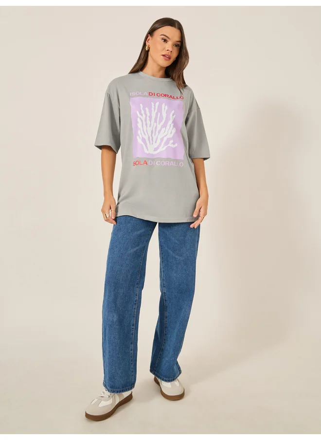 ستايلي Styli Graphic Print Short Sleeve Oversized T-Shirt