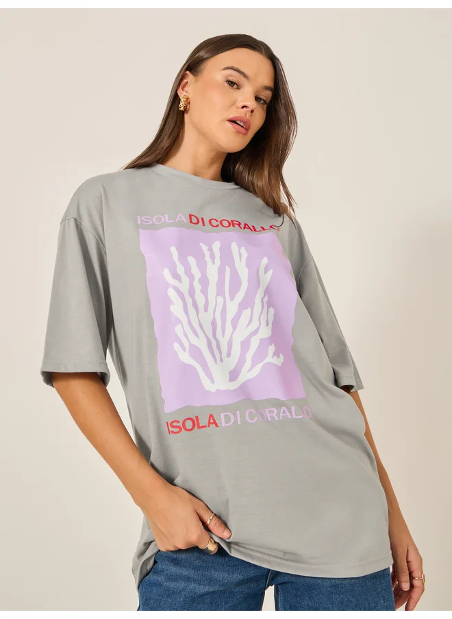 ستايلي Styli Graphic Print Short Sleeve Oversized T-Shirt