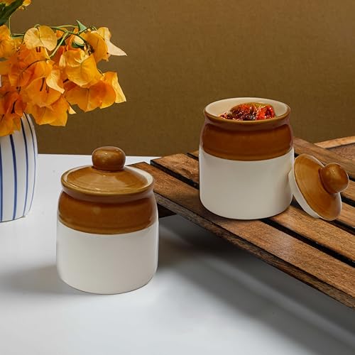 Pure Source India Ceramic Ivory & Brown Pickle Jar with Lid | Achar Barni | Containers for Pickles, Spices, Chutneys, and Sauces Storage (250ml- 1 PCS) - Image 4