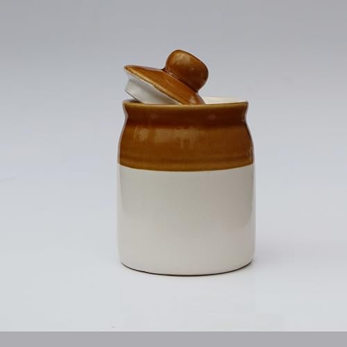 Pure Source India Ceramic Ivory & Brown Pickle Jar with Lid | Achar Barni | Containers for Pickles, Spices, Chutneys, and Sauces Storage (250ml- 1 PCS) - Image 1