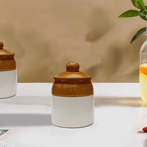 Pure Source India Ceramic Ivory & Brown Pickle Jar with Lid | Achar Barni | Containers for Pickles, Spices, Chutneys, and Sauces Storage (250ml- 1 PCS) - Image 2
