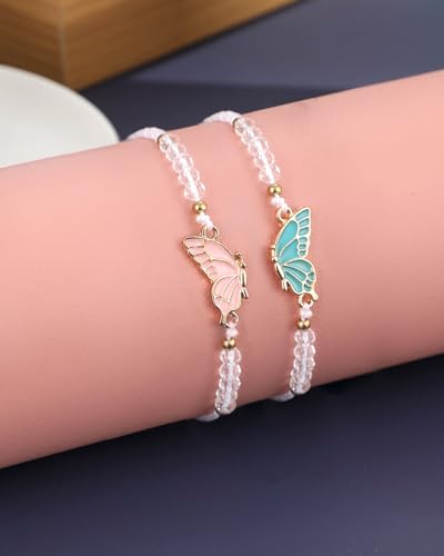 MJartoria BFF Bracelets for 2-Butterfly Matching Bracelets Adjustable Strand Best Friends Bracelet Handmade Charm Friendship Bracelets Jewelry Gifts for Women Couples (White-Gold) - Image 3
