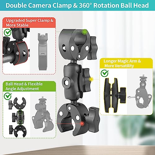 JEBUTU Double Clamp Mount Umbrella Chair Clamp with 360° Magic Arm, Umbrella Holder Clip for Chair Wheelchair Stroller Light Stand, Photography Reflector, Motorcycle, Live Scope Pole, Photo Boom Stand - Image 2