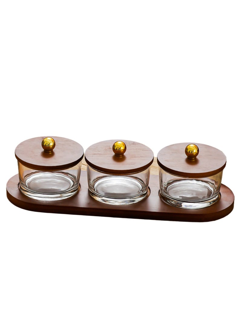 Arabic vertical pattern three heroes set: 3×200ml moisture-proof glass jar + natural wood lid tray | coffee beans lock freshness/candy anti-sticking/living room light luxury storage, Ramadan kitchen artifact one-click upgrade home aesthetics  - Image 1