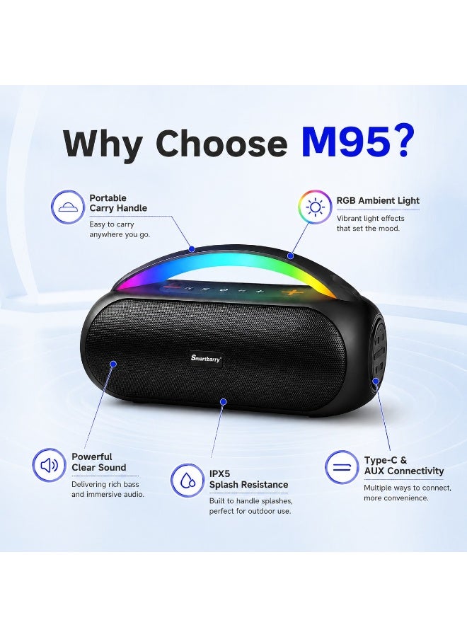 Smartbarry مكبر صوت بلوتوث محمول M95 مع مقبض إضاءة RGB، صوت عميق بقوة 60 واط، مقاوم للماء IPX5، شحن سريع Type-C، مدخل AUX، مكبر صوت للحفلات الخارجية ونظام ستيريو لاسلكي - Image 2
