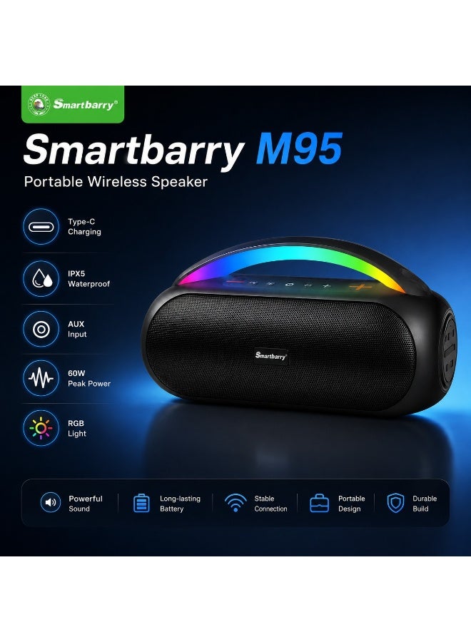 Smartbarry مكبر صوت بلوتوث محمول M95 مع مقبض إضاءة RGB، صوت عميق بقوة 60 واط، مقاوم للماء IPX5، شحن سريع Type-C، مدخل AUX، مكبر صوت للحفلات الخارجية ونظام ستيريو لاسلكي - Image 5