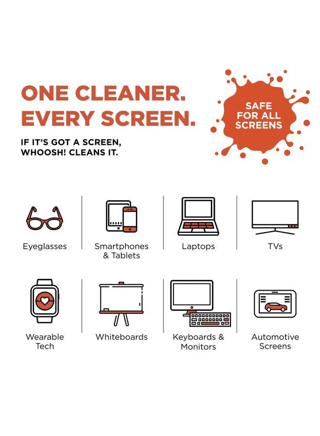 WHOOSH! رذاذ ومنشفة لتنظيف الشاشة - 3.4 أونصة سائلة + 1 منشفة من الألياف الدقيقة - منظف إلكتروني بحجم السفر للسيارة، الكمبيوتر، اللابتوب، آيباد، ماك بوك، الهاتف، الساعة، النظارات - مجموعة منظف العدسات - Image 3