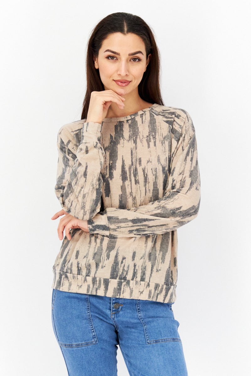 Endless Blu Women Crew Neck Long Sleeves Allover Print Top, Multicolor - Image 1