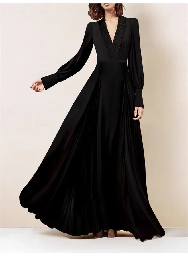 Madam Uniq Elegant Black Silk Maxi Dress with Deep V-Neck and Flowing Silhouette