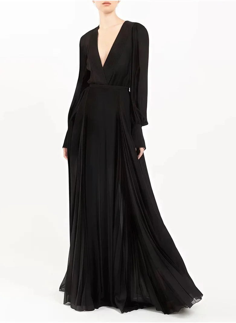 Madam Uniq Elegant Black Silk Maxi Dress with Deep V-Neck and Flowing Silhouette