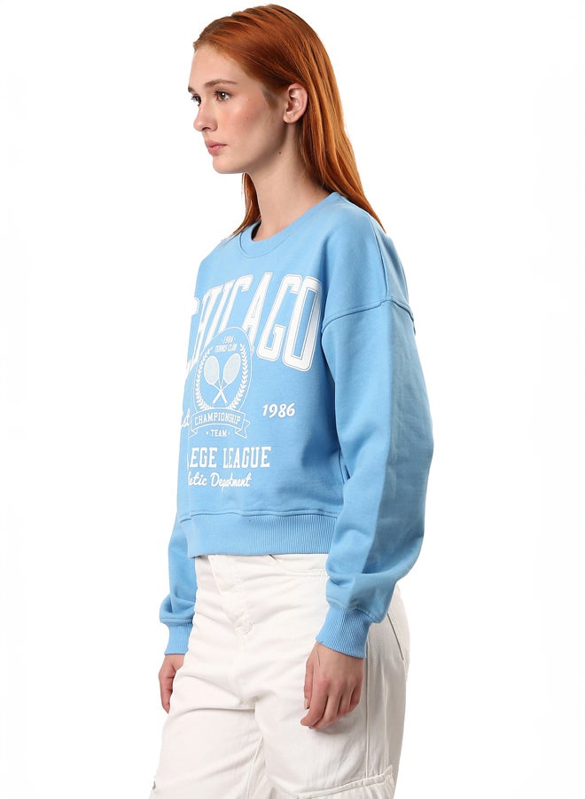 RAVIN Ribbed Crew Neck Printed Sweatshirt - Sky Blue - Image 1