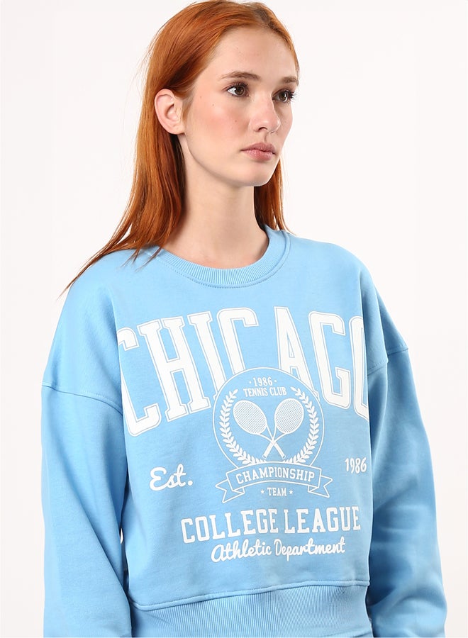 RAVIN Ribbed Crew Neck Printed Sweatshirt - Sky Blue - Image 3