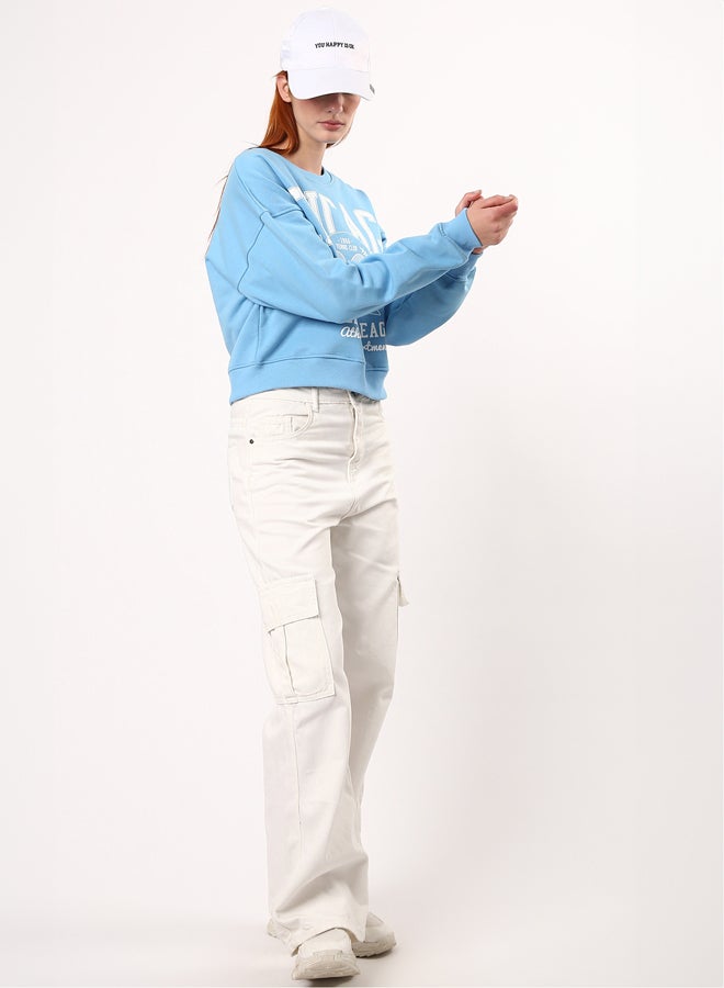 RAVIN Ribbed Crew Neck Printed Sweatshirt - Sky Blue - Image 5