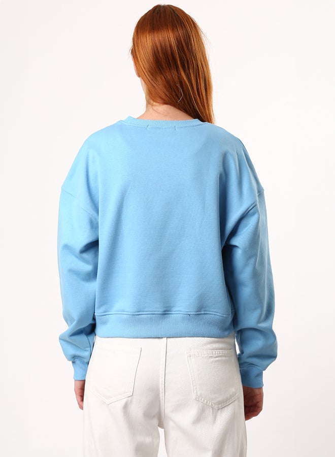 RAVIN Ribbed Crew Neck Printed Sweatshirt - Sky Blue - Image 2