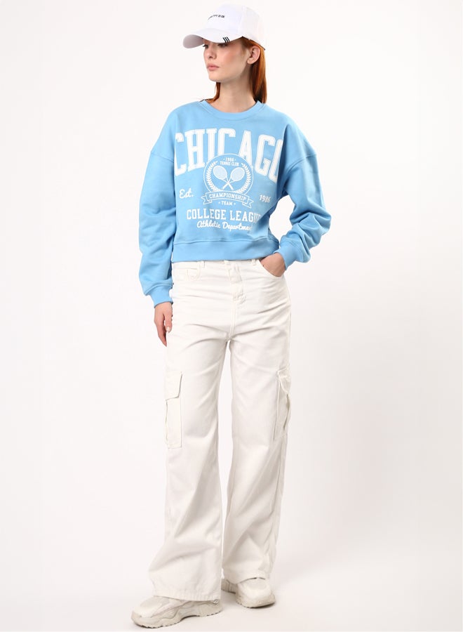 RAVIN Ribbed Crew Neck Printed Sweatshirt - Sky Blue - Image 4