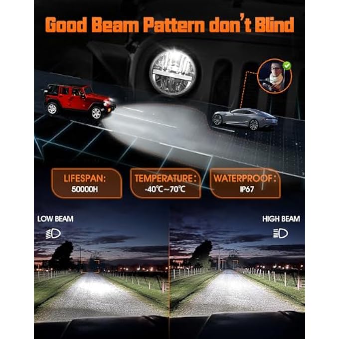 UNI-SHINE 7 Inch Led Headlight Round 6024 Led Headlight Reflector 7 Headlight With Amber Turn Signal White Drl Dot Approved HiLo Beam Compatible With Jeep Wrangler Jk Tj Cj WhiteAmber Eye - Image 5