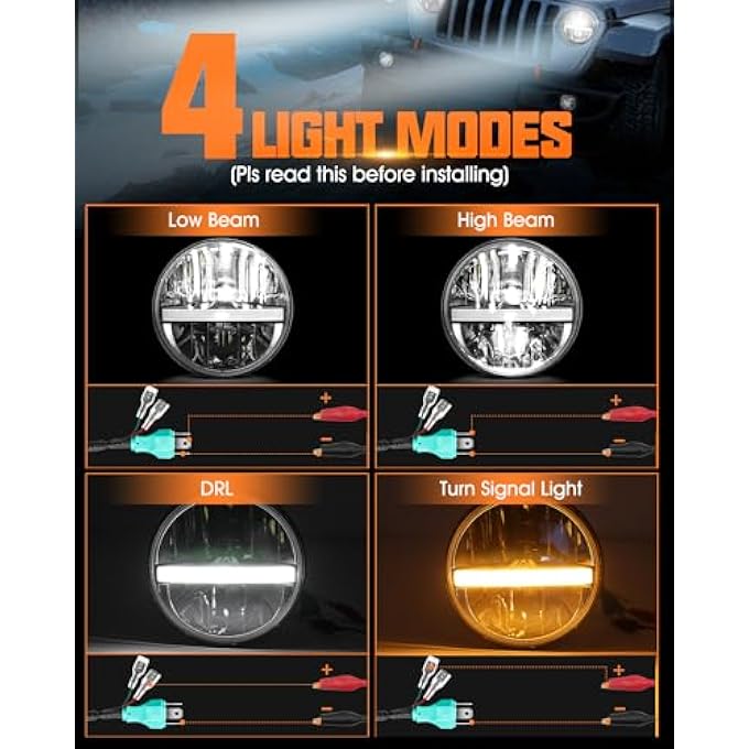 UNI-SHINE 7 Inch Led Headlight Round 6024 Led Headlight Reflector 7 Headlight With Amber Turn Signal White Drl Dot Approved HiLo Beam Compatible With Jeep Wrangler Jk Tj Cj WhiteAmber Eye - Image 3