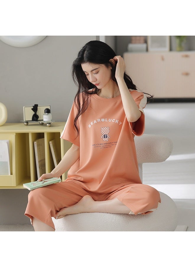 Women's Sweetpullovercasual Pajama Set Lightweight Summer Season Chest Pad Short Sleeves Seven Pants Thin Material - Image 1