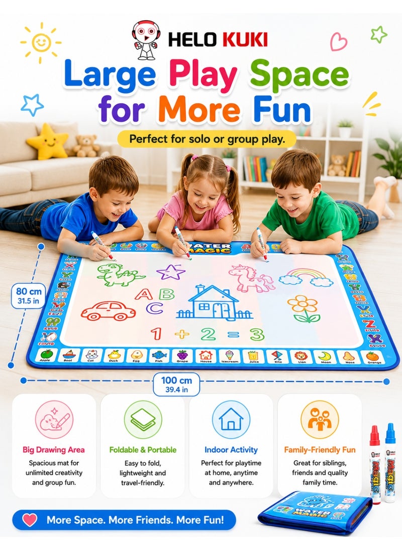 Helo Kuki Magic Water Drawing Mat for Kids Reusable – Educational Doodle Painting Board with Water Pens, Large Size Coloring Mat, Mess-Free Learning Toy Gift for Boys & Girls - Image 2