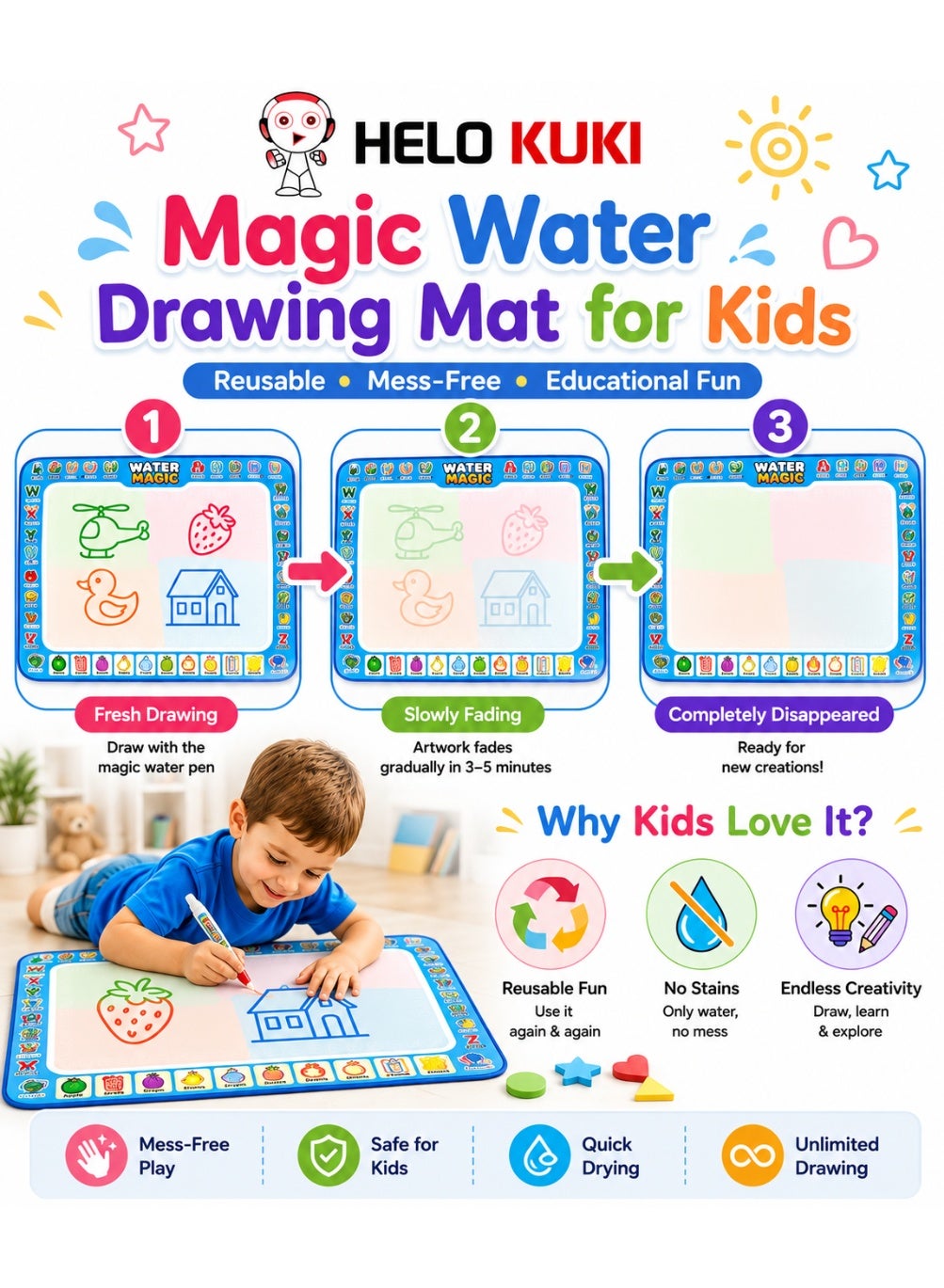 Helo Kuki Magic Water Drawing Mat for Kids Reusable – Educational Doodle Painting Board with Water Pens, Large Size Coloring Mat, Mess-Free Learning Toy Gift for Boys & Girls