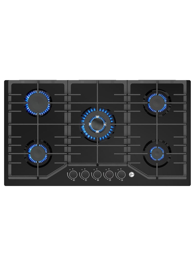Hoover 90CM 5 Burner Gas Hob Glass - with FFD, Triple Ring, Rapid, Semi-Rapid & Auxiliary Burners, Electric Ignition, Cast Iron & Aluminum Alloy Knob Control, Black Tempered Glass Panel HGH-W95G-GBI black - Image 1