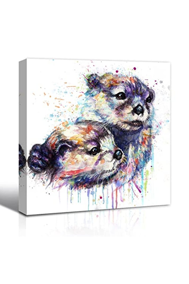 C8BUSIS Animals Otter Wall Art Canvas Prints, Lovely Mother Otter Hug Baby Pictures Paintings, Framed Modern Watercolor Poster for Kids Room Bedroom Hotel Office Baby Shower Wall Decor, 12"x12"x 1Pcs - Image 2