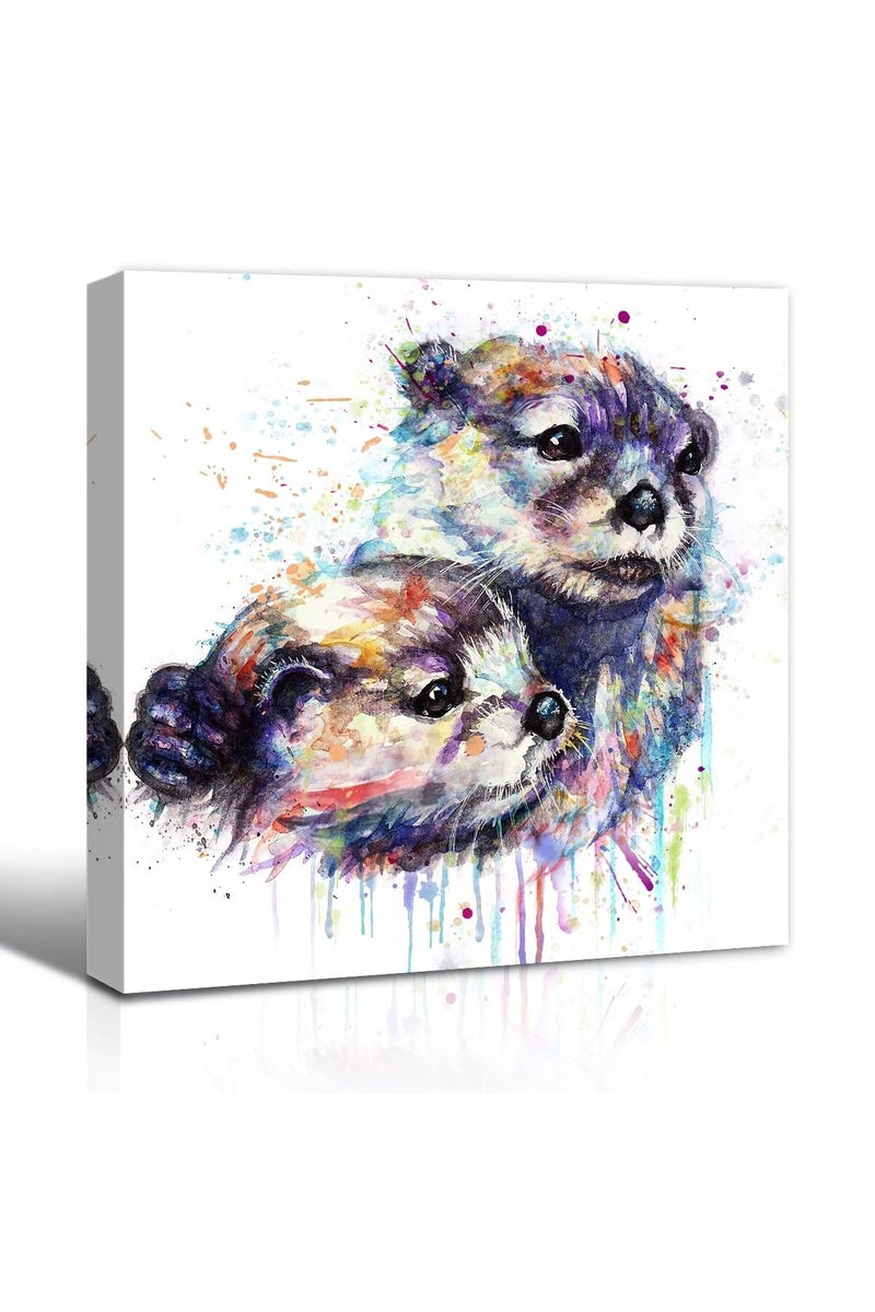 C8BUSIS Animals Otter Wall Art Canvas Prints, Lovely Mother Otter Hug Baby Pictures Paintings, Framed Modern Watercolor Poster for Kids Room Bedroom Hotel Office Baby Shower Wall Decor, 12"x12"x 1Pcs - Image 1