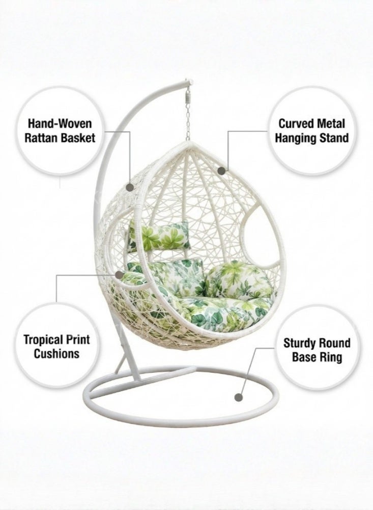 KARNAK Poang Hanging Chair Brown & White Rattan Wicker Swing Chair - Image 4