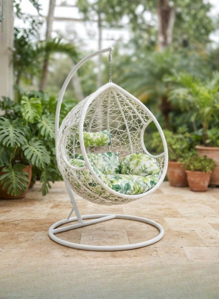 KARNAK Poang Hanging Chair Brown & White Rattan Wicker Swing Chair - Image 1