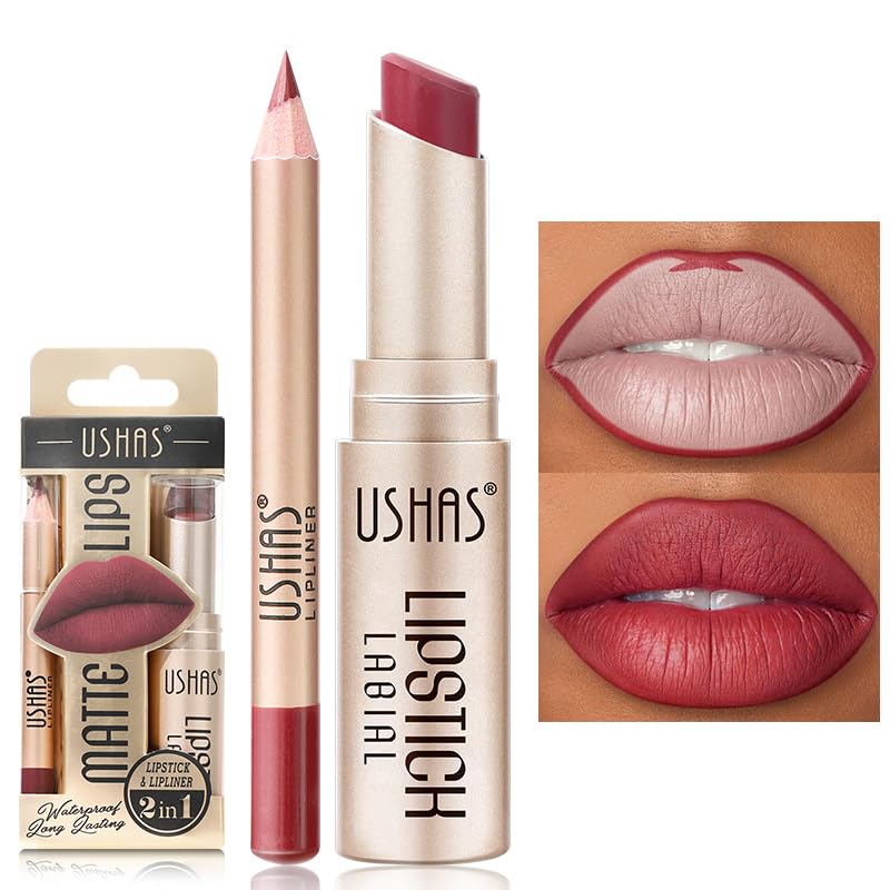 USHAS 2 in 1 Waterproof Lipstick and Lip Liner Combo Set, Long Lasting Matte Lip Pen for Women, Makeup Kit (G4, Pack of 1) - Image 1