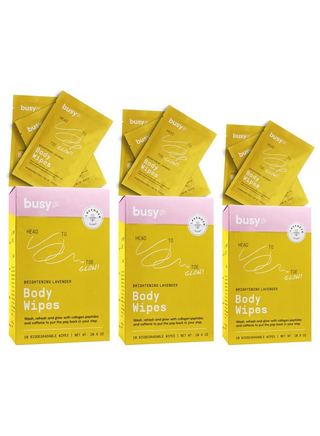 BUSYCO Glow Line Body Wipes for Women - Pack of 3 (10ct) Lavender Rose Body Wash Wipes, Armpit Wipes & Body Wipes w/ Caffeine & Collagen Peptides - Cleansing Wipes & No Rinse Bathing Wipes for Adults - Image 1