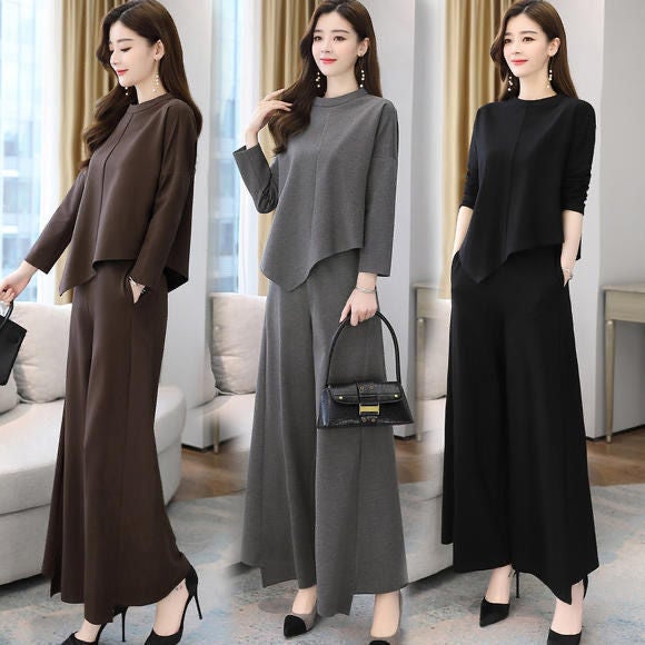Spring and Autumn New Wide Leg Pants suit Womens Age-reducing Belly-covering Slimming Western Style Casual Elegant Culottes Two-piece Set Grey Grey - Image 3
