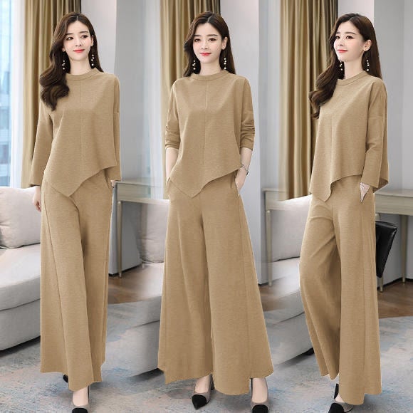 Spring and Autumn New Wide Leg Pants suit Womens Age-reducing Belly-covering Slimming Western Style Casual Elegant Culottes Two-piece Set Grey Grey - Image 4