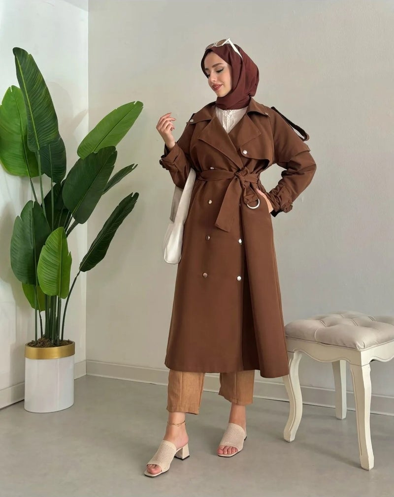 Swana Women's Elastic Waist Detailed Zippered Hooded Trench Coat - Image 3
