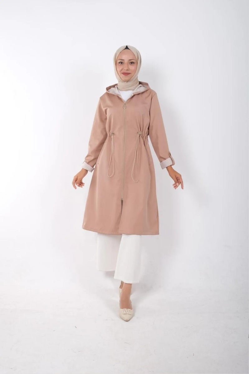 Swana Women's Elastic Waist Detailed Zippered Hooded Trench Coat - Image 4
