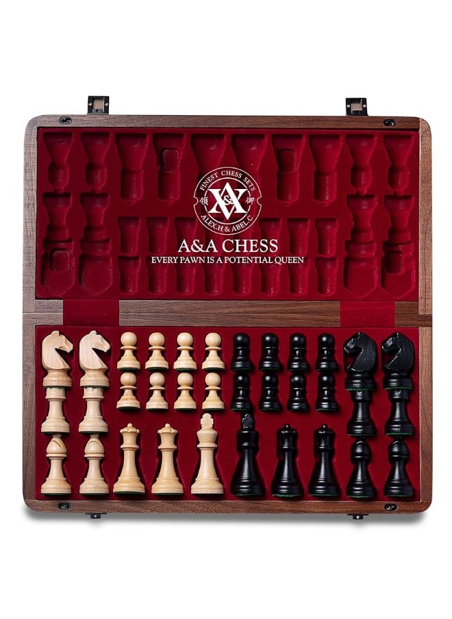 AA A&A 15 inch Wooden Folding Chess Set w/ 3 inch King Height Staunton Chess Pieces / 2 Extra Queens - Natural Walnut Wood w/Storage Bag  - Image 1