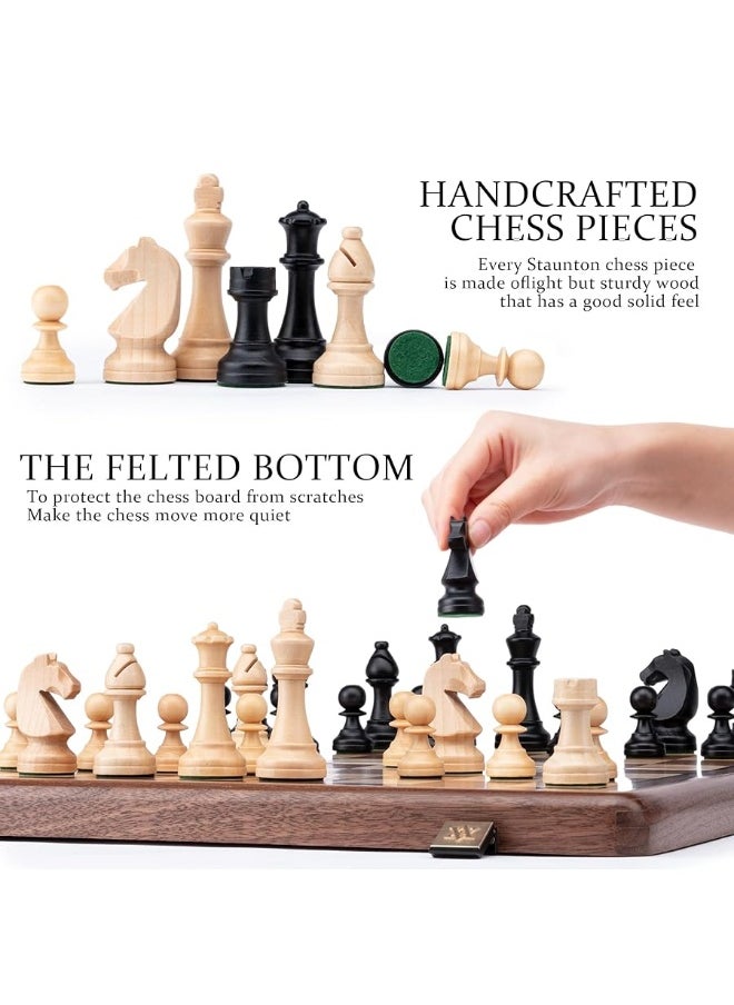 AA A&A 15 inch Wooden Folding Chess Set w/ 3 inch King Height Staunton Chess Pieces / 2 Extra Queens - Natural Walnut Wood w/Storage Bag  - Image 3