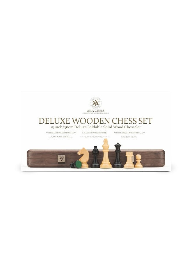 AA A&A 15 inch Wooden Folding Chess Set w/ 3 inch King Height Staunton Chess Pieces / 2 Extra Queens - Natural Walnut Wood w/Storage Bag  - Image 5