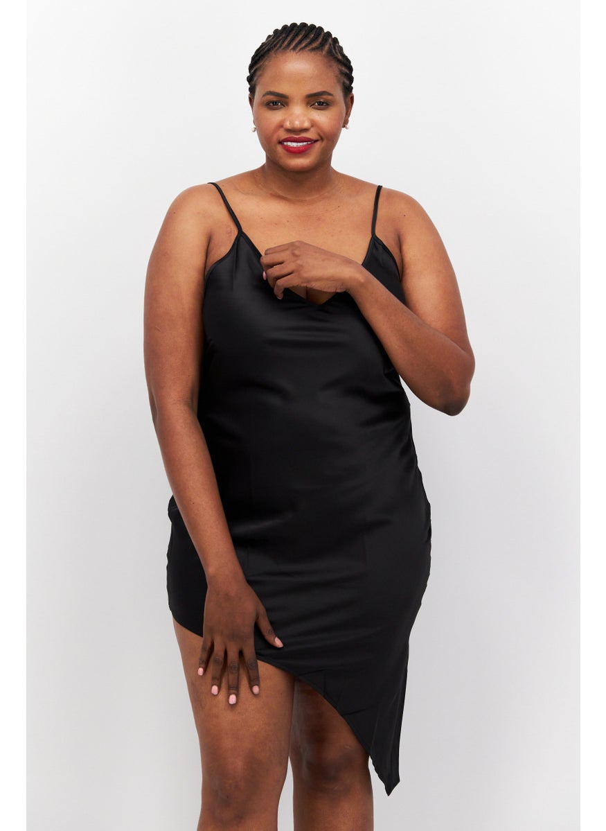 Flounce London - Women Plus Size Plain Asymmetric Hem Mini Dress, Black - Image 1