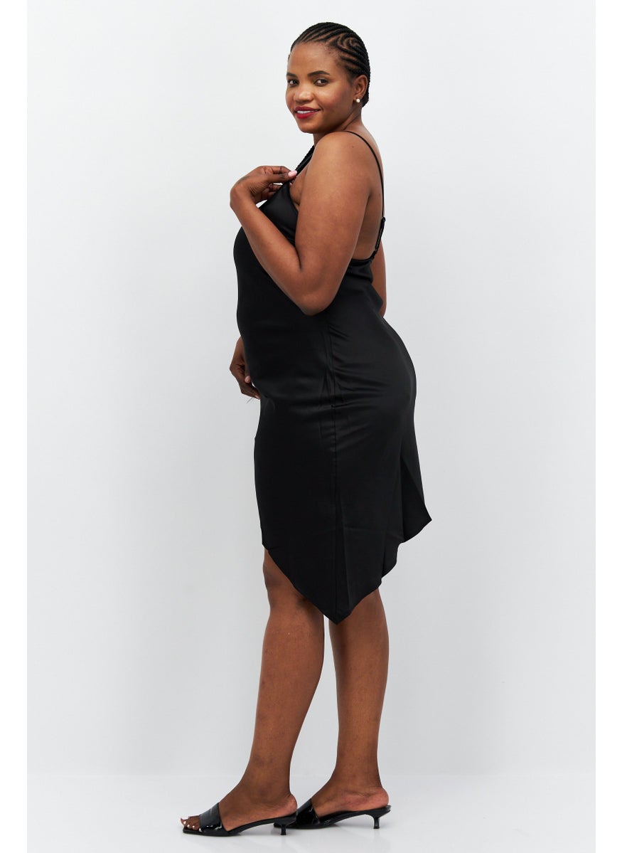 Flounce London - Women Plus Size Plain Asymmetric Hem Mini Dress, Black - Image 1